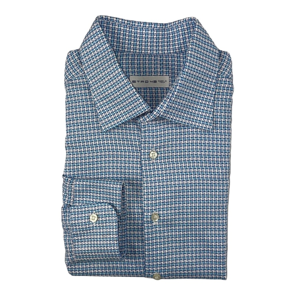 Etro Blue White Geometric Basket Weave Cotton Mens Button Front Shirt Size 42